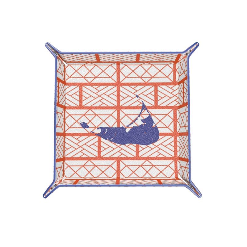 Nantucket Leather Valet/Trinket Tray in Blue and Orange