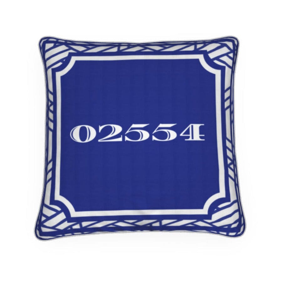 Nantucket Zip Code 02554 Pillow in Royal Blue and White