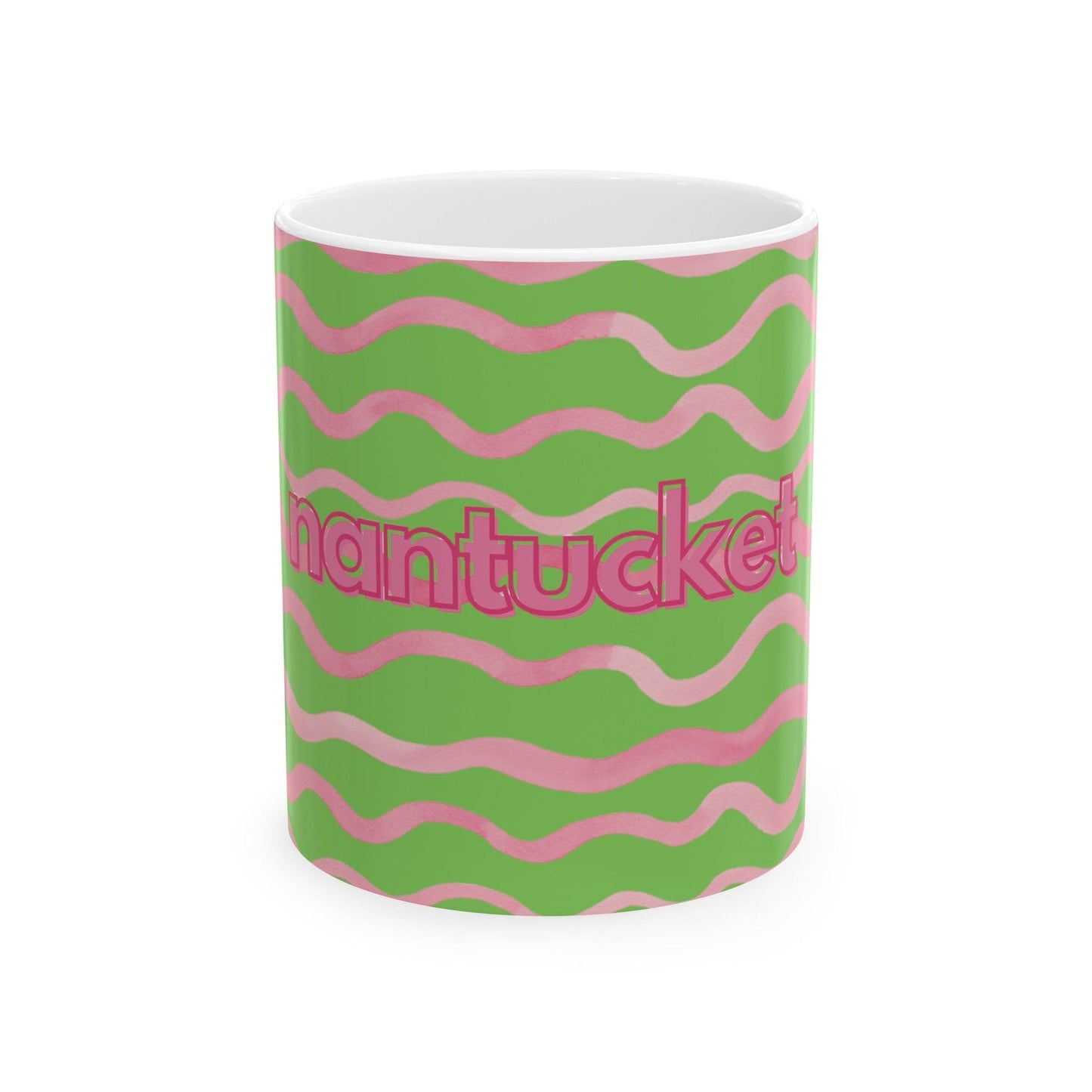 Nantucket Pink and Green Waves Ceramic Mug, (11oz)