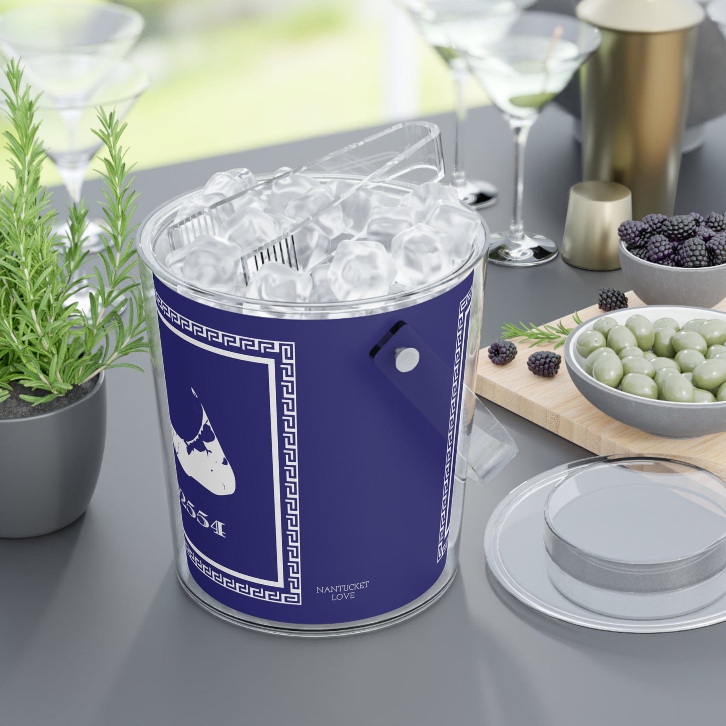 Nantucket Zip Code Acrylic Ice Bucket with Greek Key Border