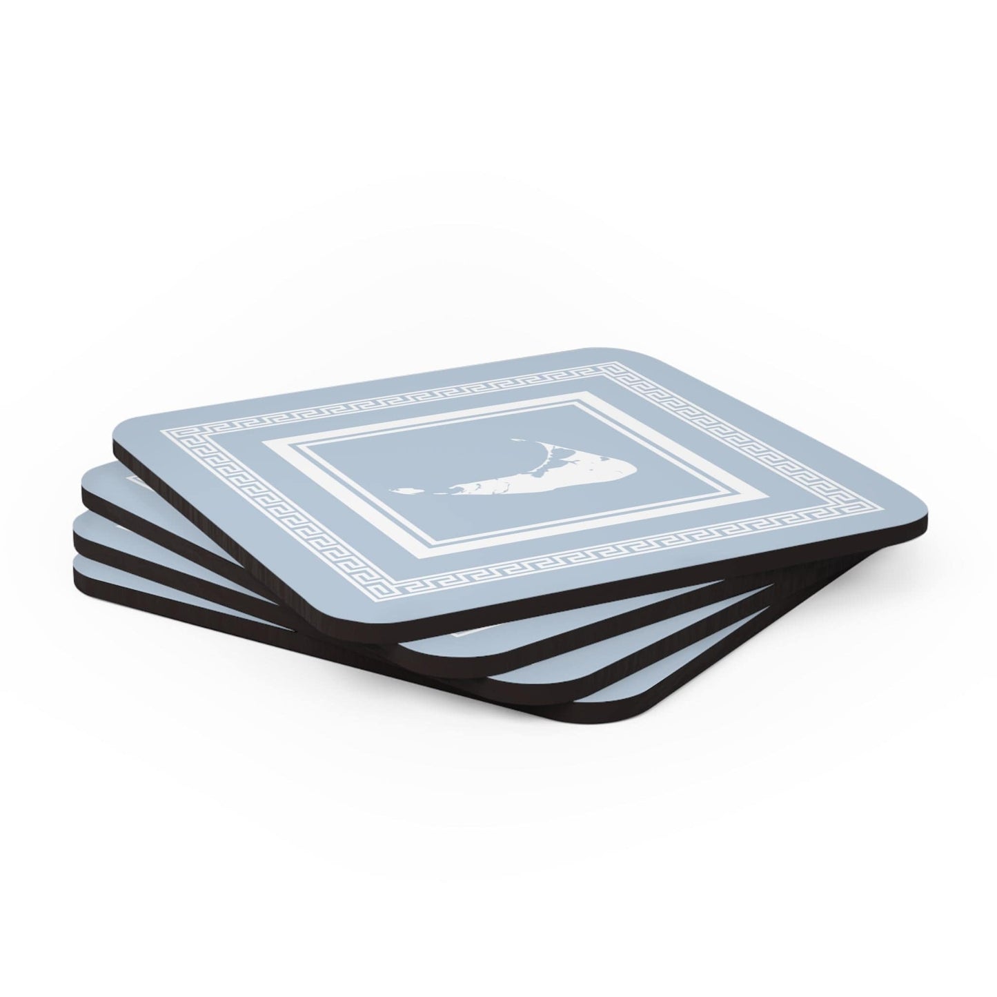 Nantucket in Brooke Blue and White with Greek Key Corkwood Coaster Set