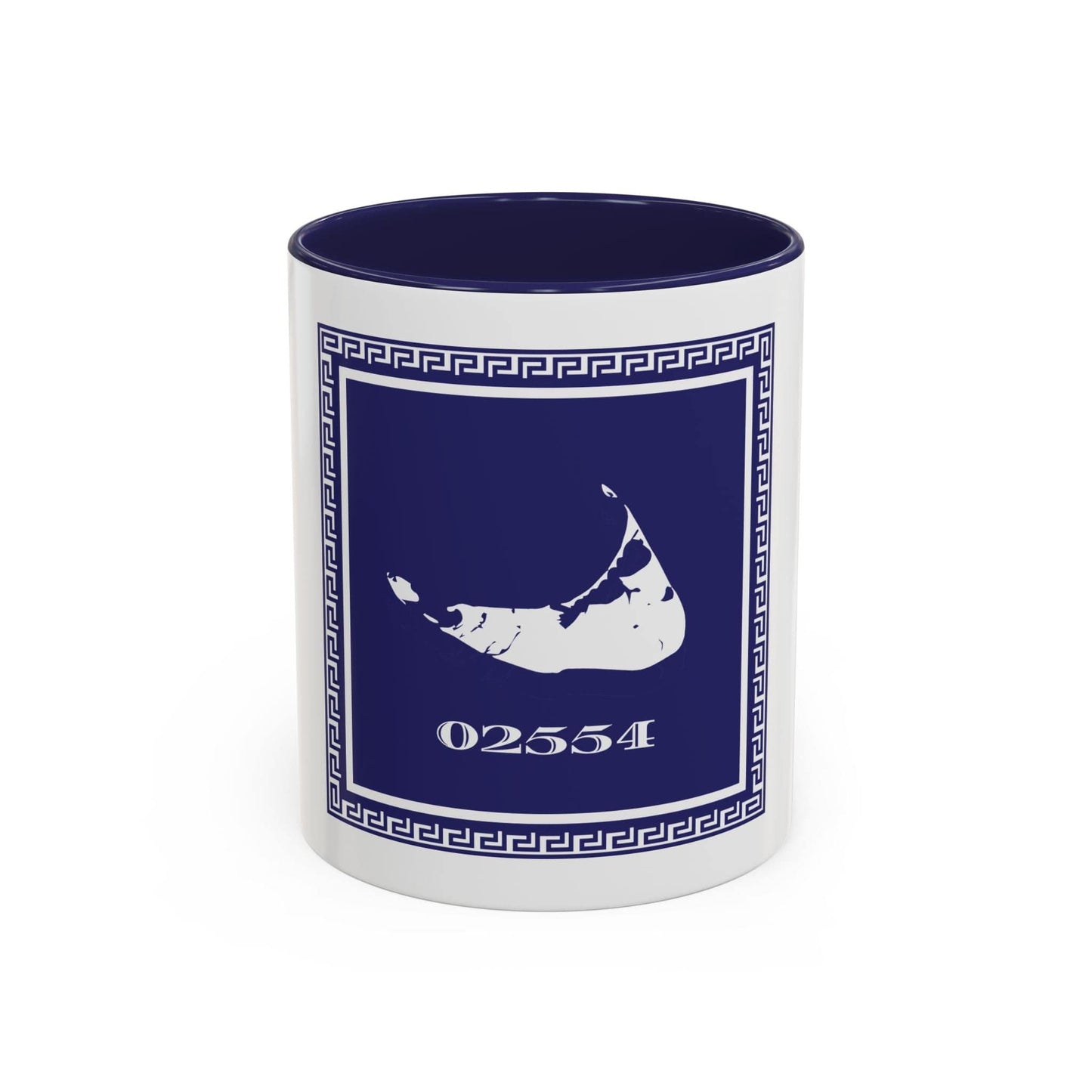 Coffee Mug Nantucket Zip Code Navy White Greek Key Surround 11/15oz