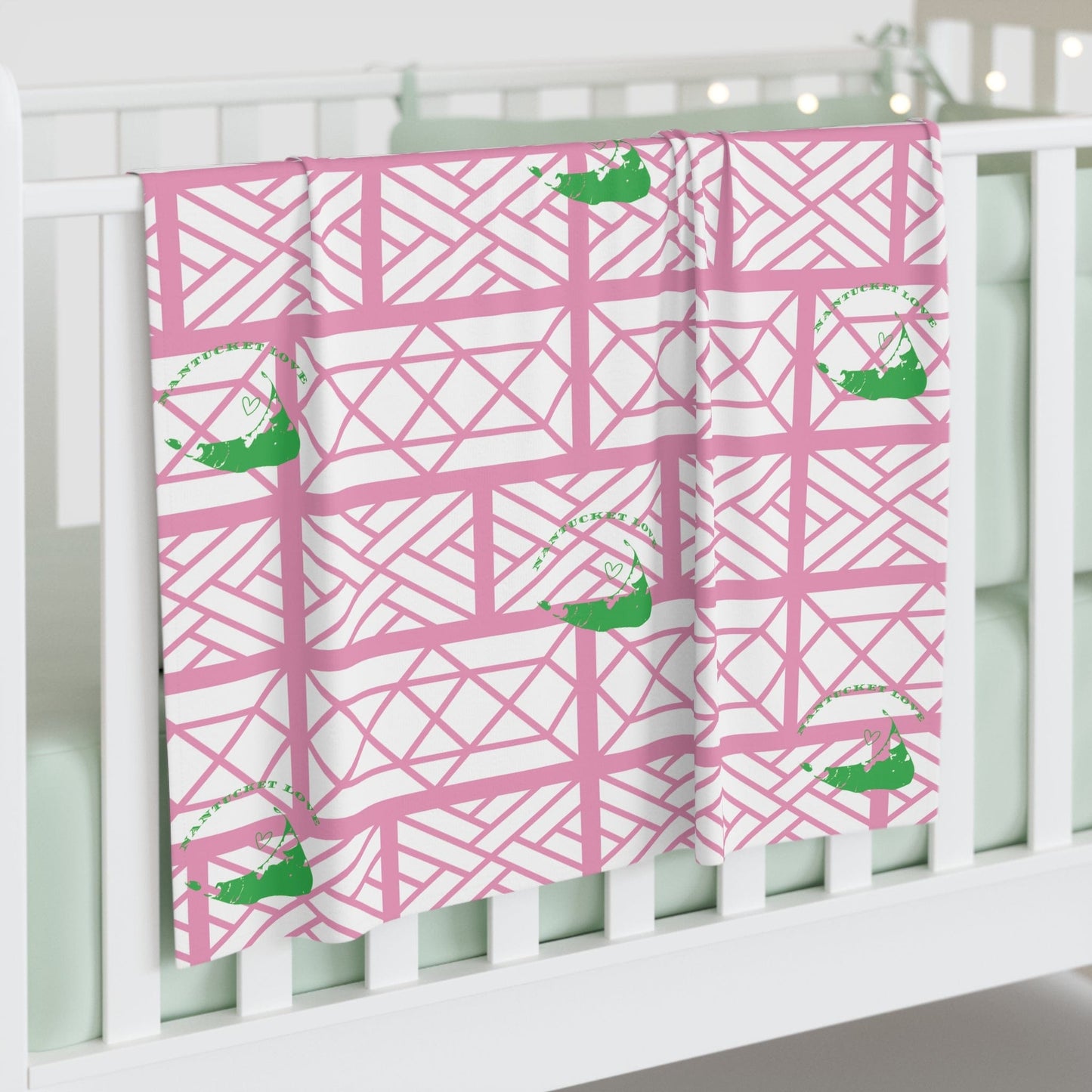 Nantucket Love™ Pink and Green Baby Swaddle Blanket