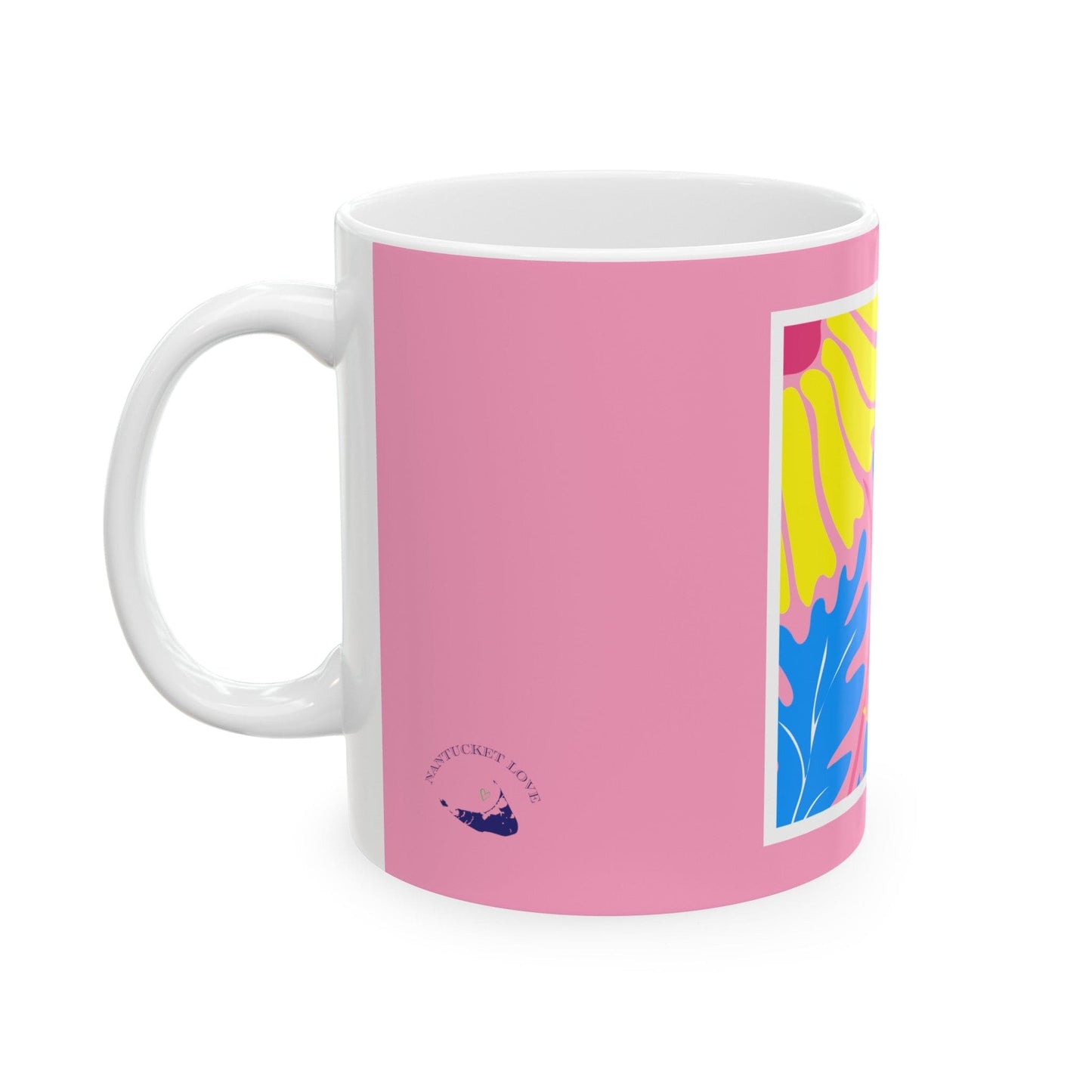 Nantucket Daisies in Blue on Rose Pink Ceramic Mug, (11oz, 15oz)