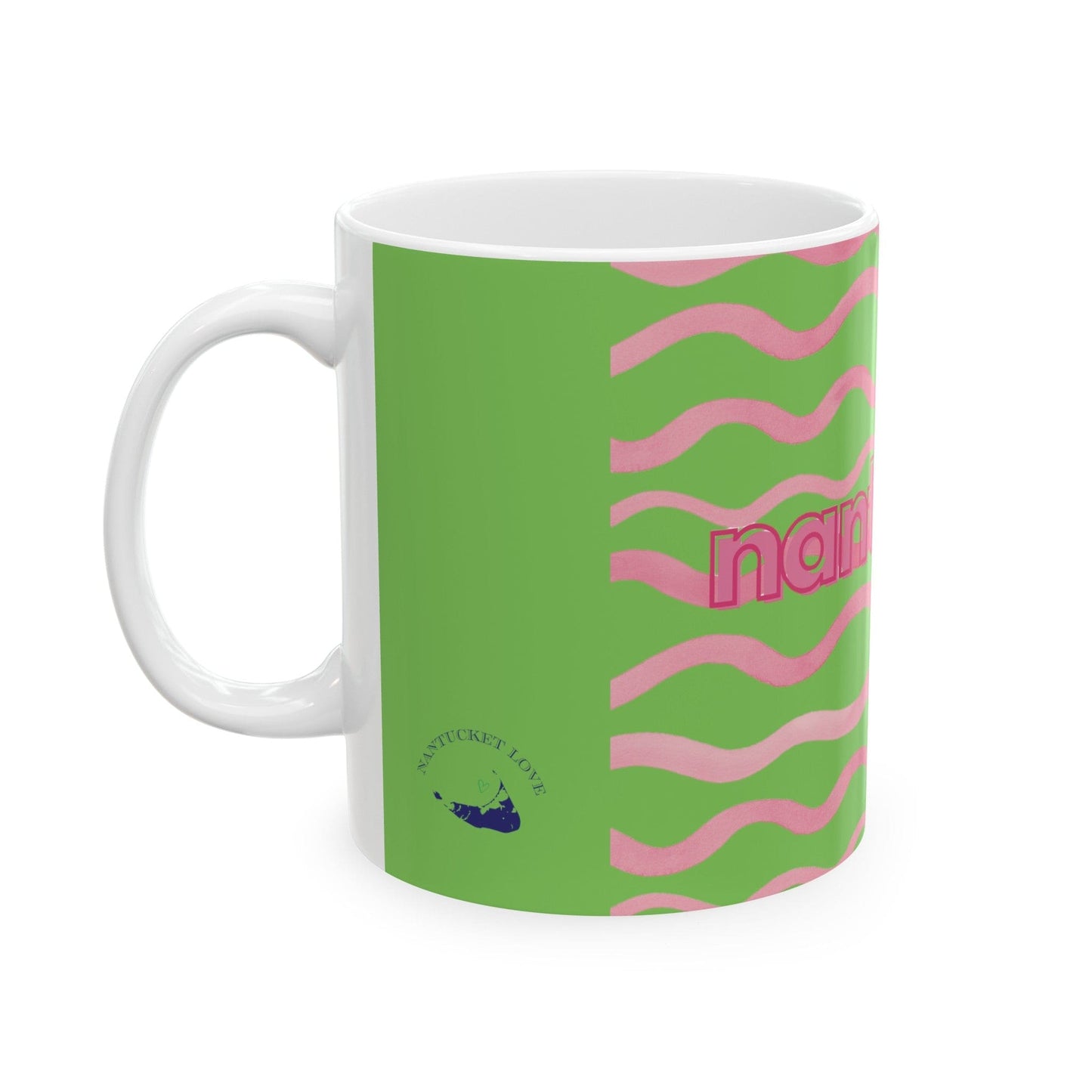 Nantucket Pink and Green Waves Ceramic Mug, (11oz)