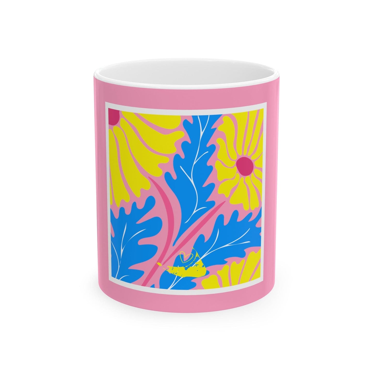 Nantucket Daisies in Blue on Rose Pink Ceramic Mug, (11oz, 15oz)