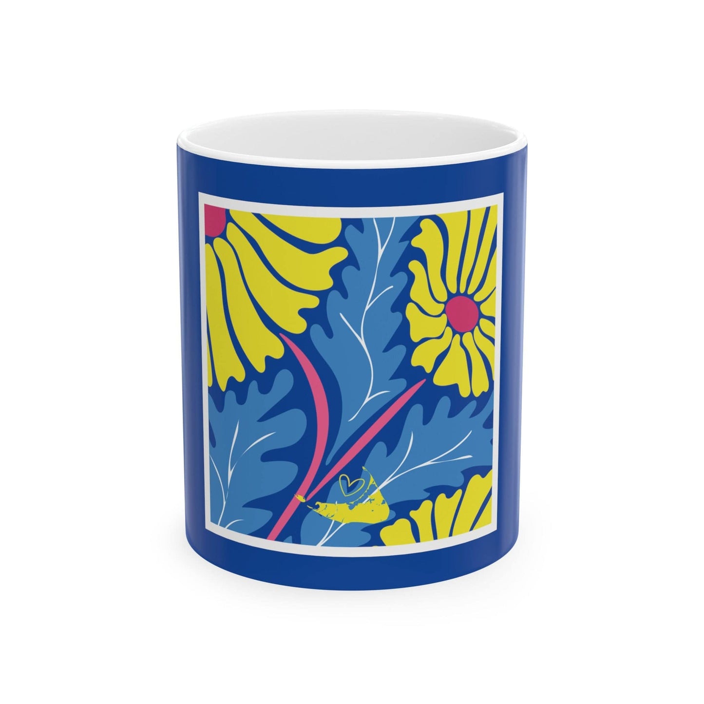 Nantucket Daisies in Blue on Blue Ceramic Mug, (11oz)