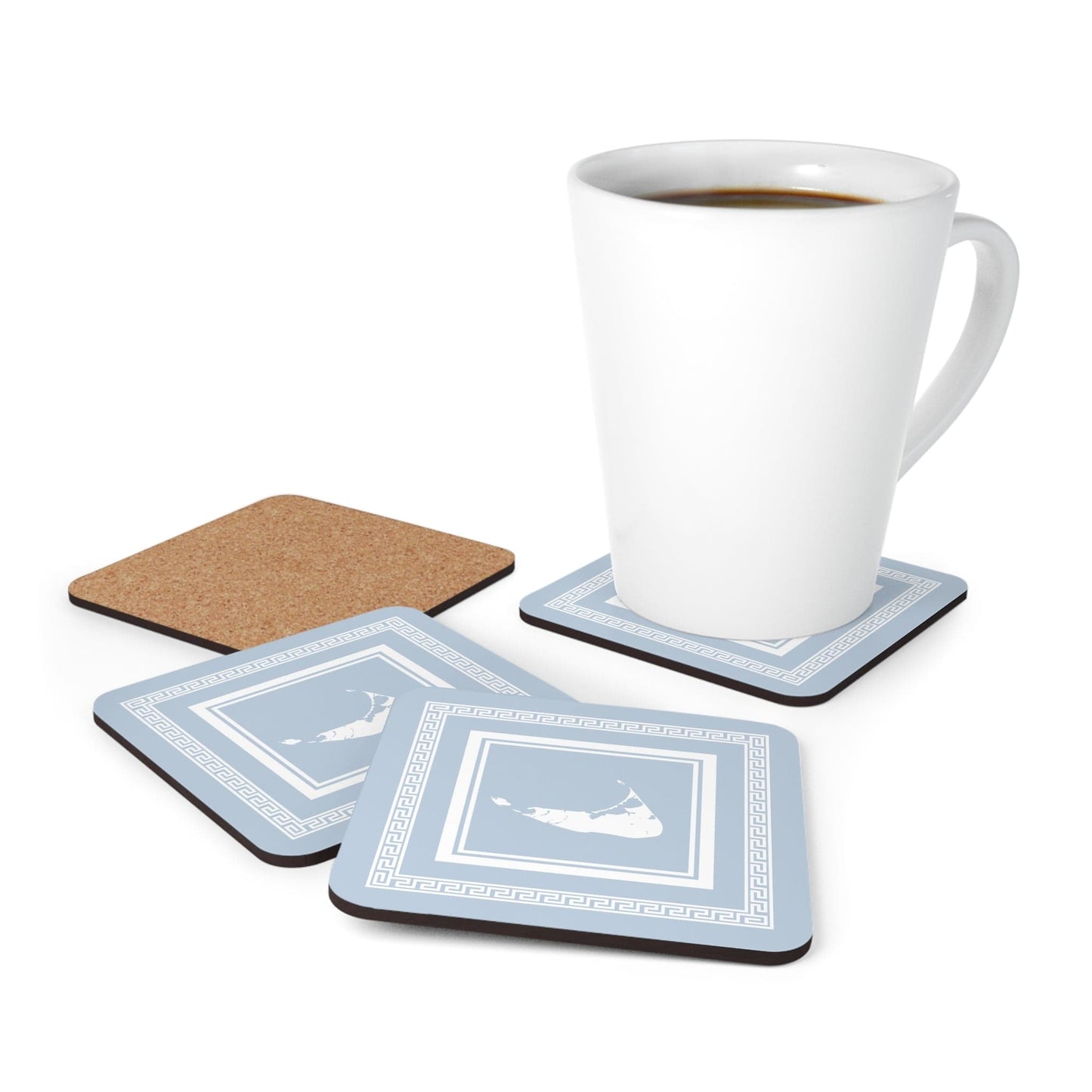 Nantucket in Brooke Blue and White with Greek Key Corkwood Coaster Set