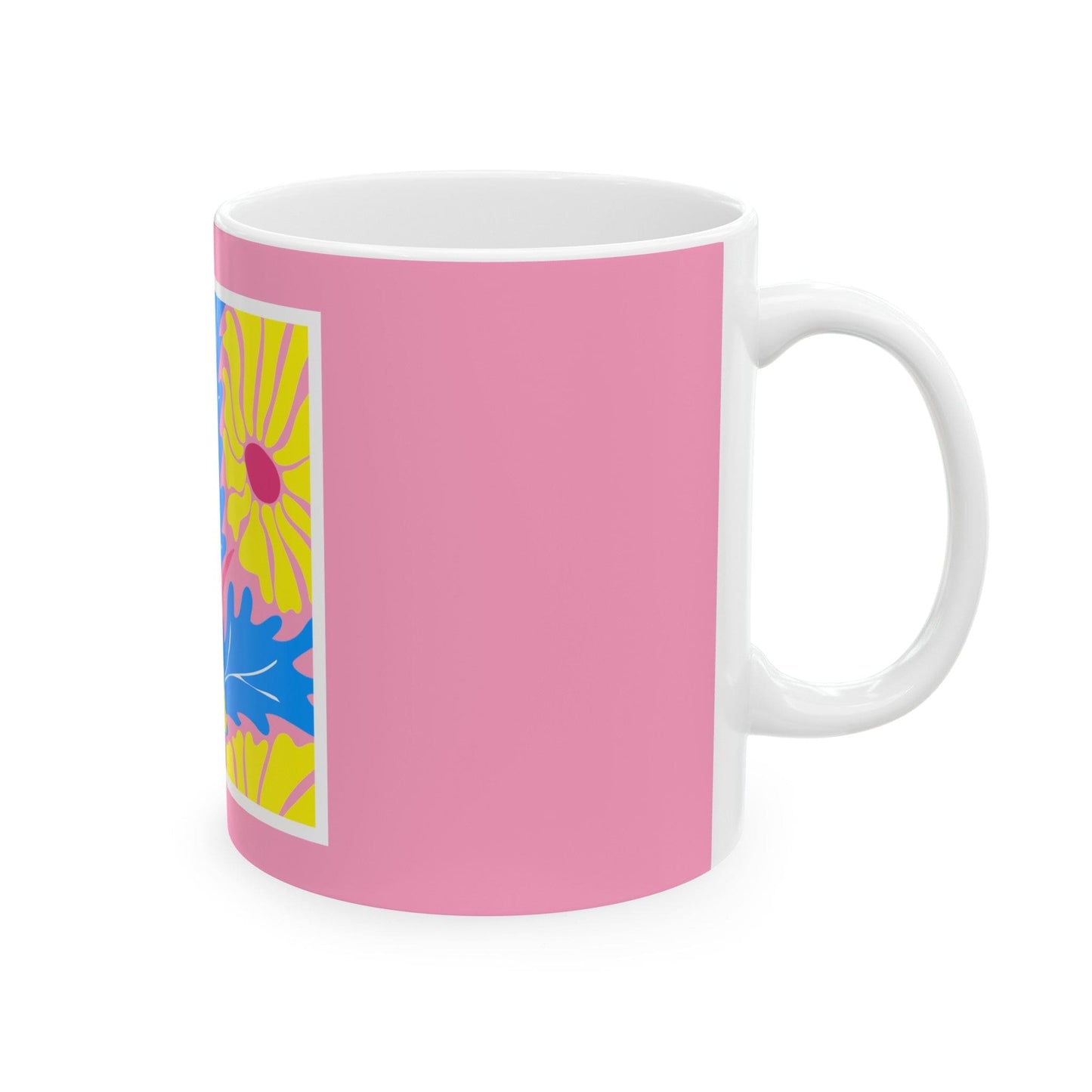 Nantucket Daisies in Blue on Rose Pink Ceramic Mug, (11oz, 15oz)