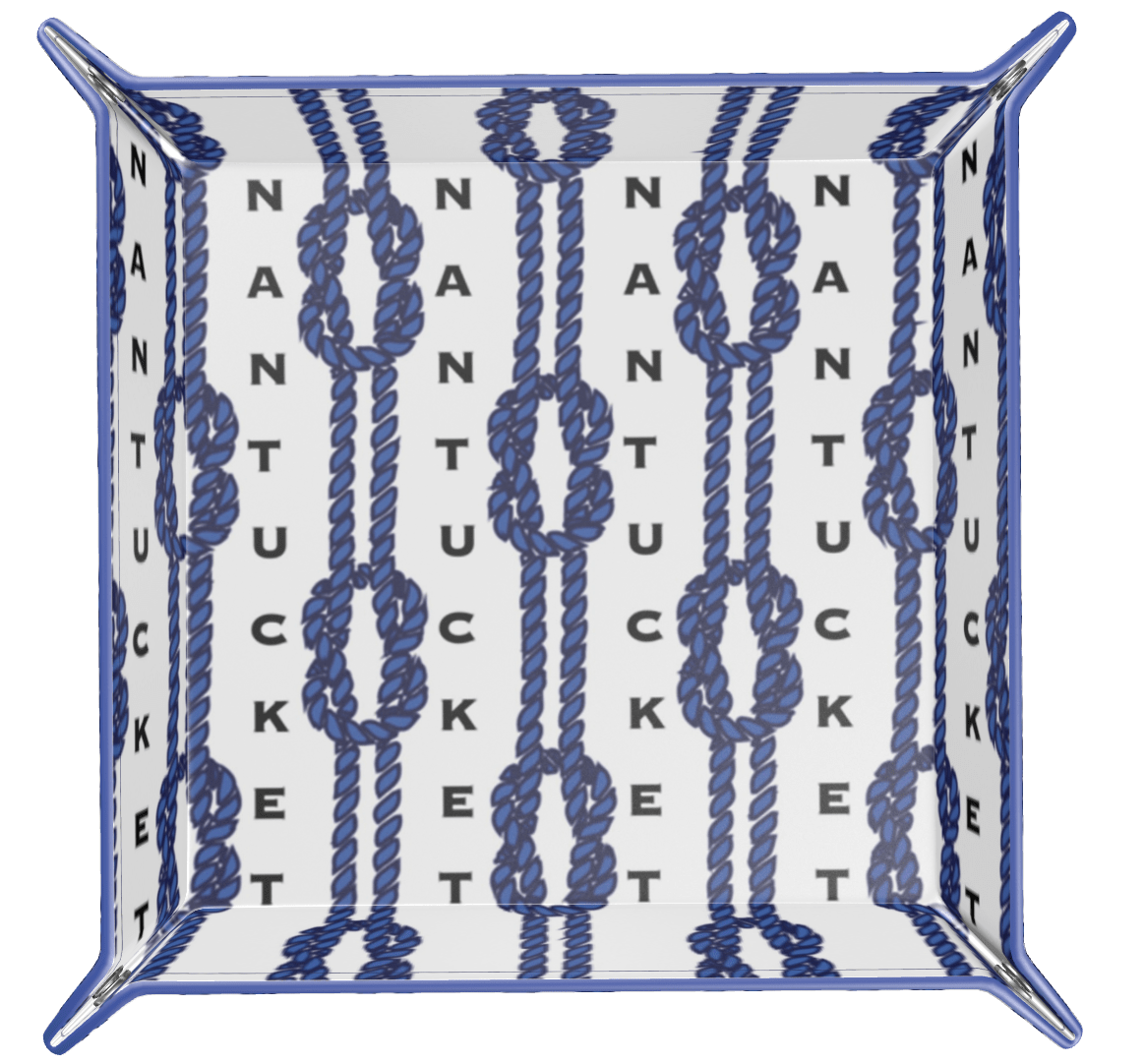 Blue on Blue Square Knot with NANTUCKET Text Leather Valet Tray