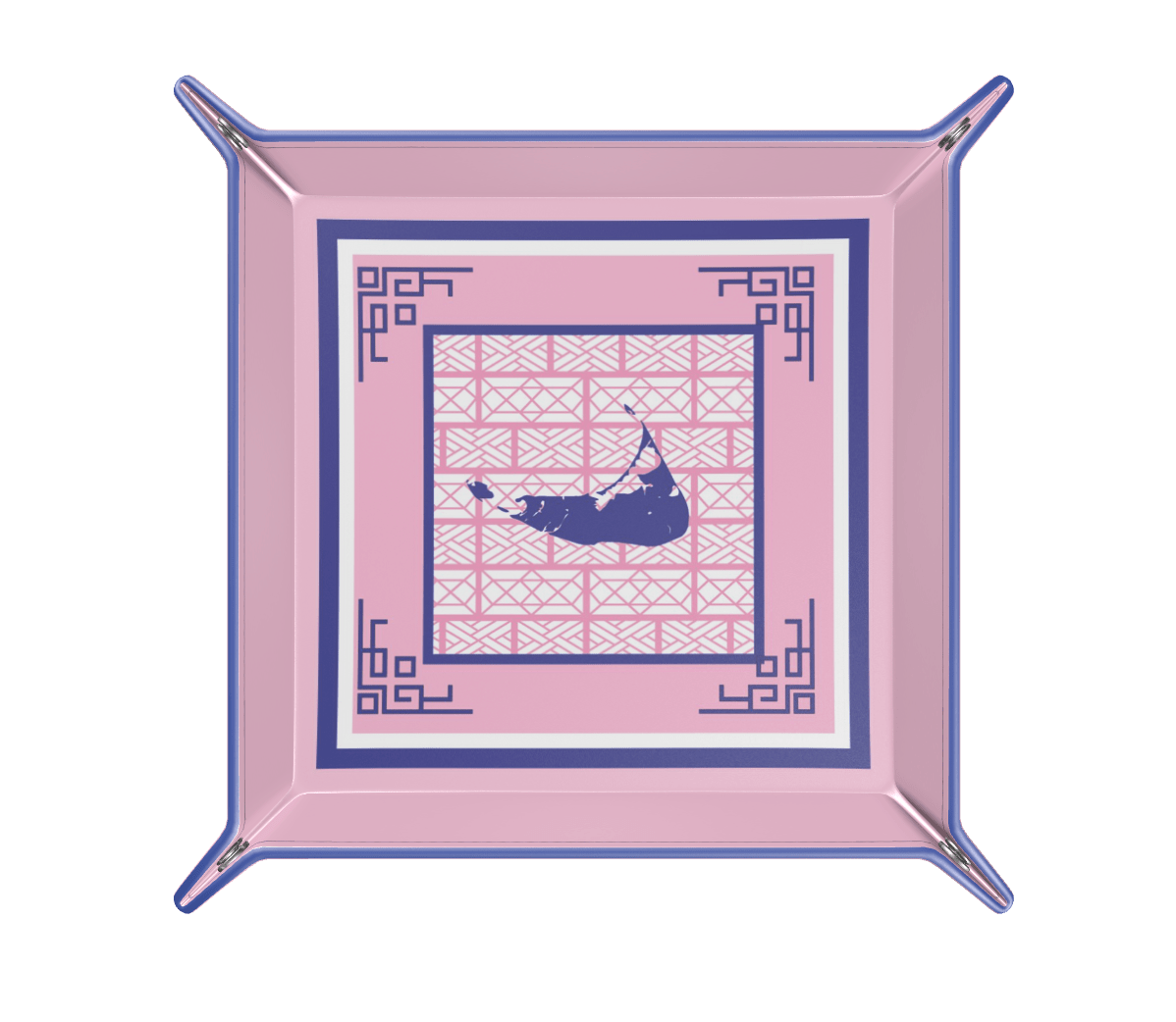 Hand Illustrated Nantucket Leather Trinket Tray in Pink and Blue