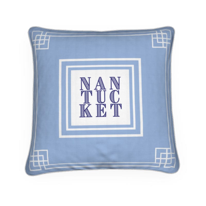 Blue and White Nantucket Layered Text Pillow